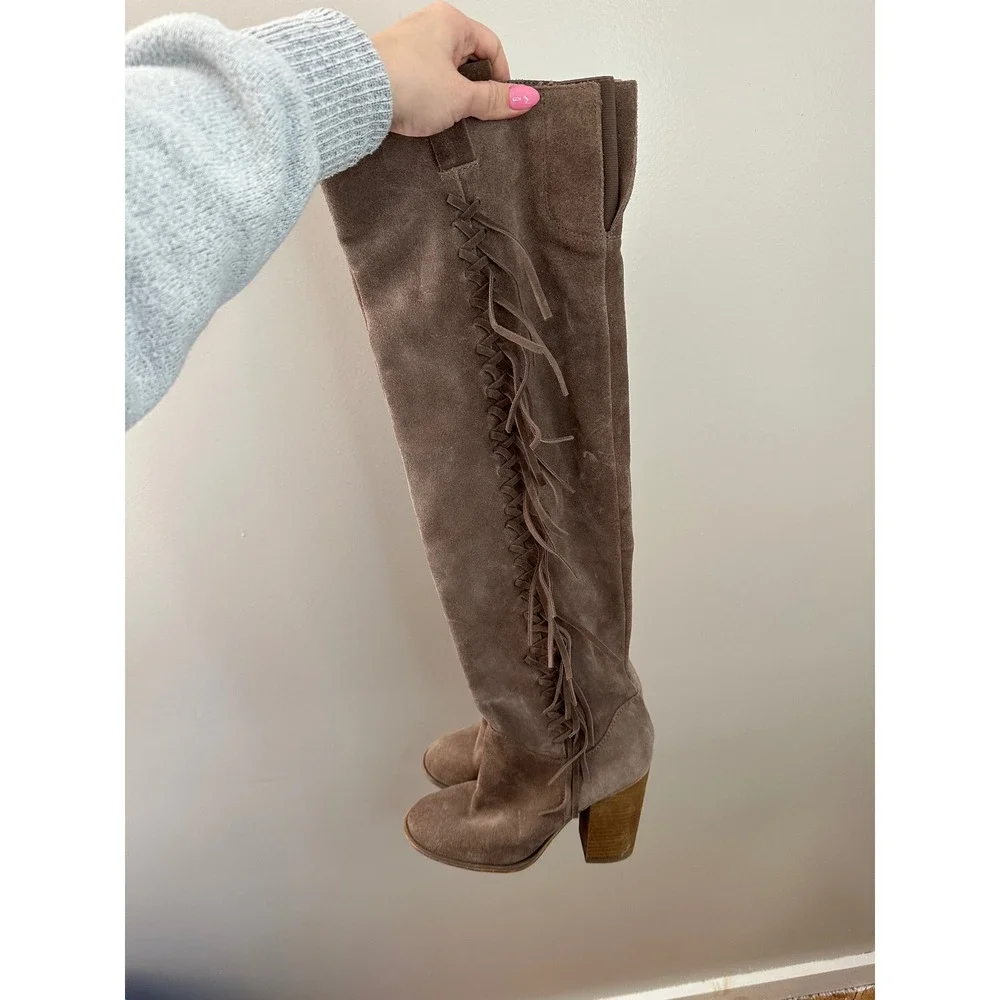 Carlos Santana Garrett Boots Womens 7M Brown EUC Suede Fringe Over The Knee Boho